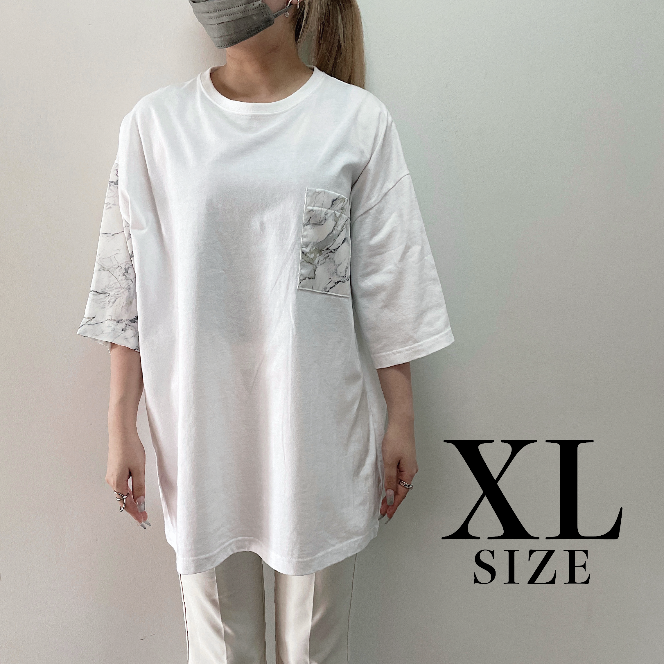 ドッキングリメイクTシャツ【ホワイト × シルバー(大理石柄 ドッキングリメイクTシャツ【ホワイト × シルバー(大理石柄